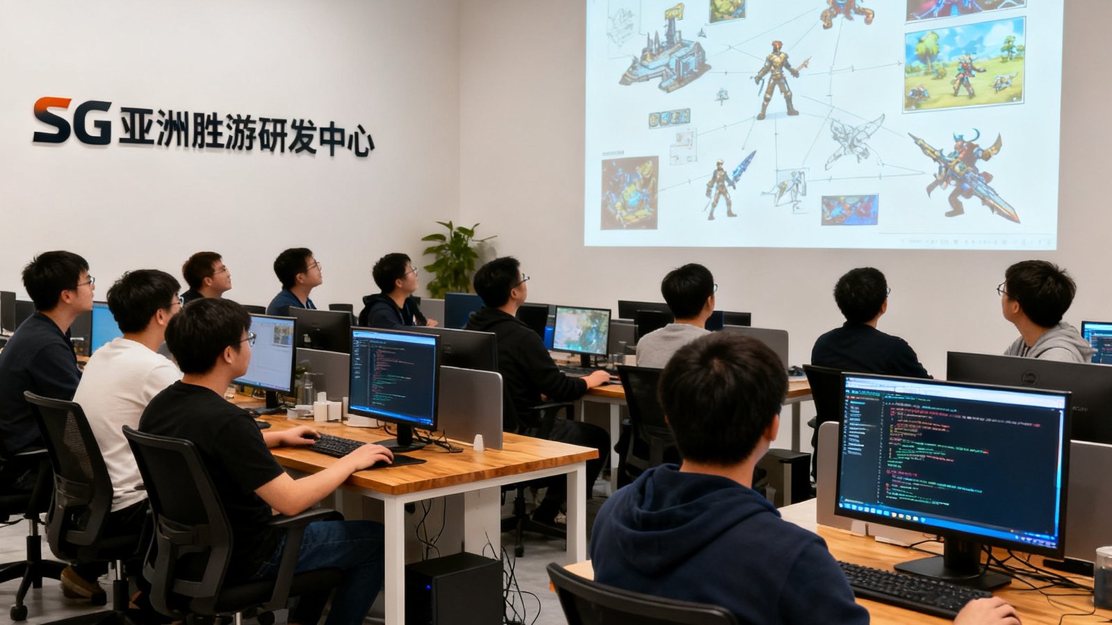 SG亚洲胜游位于上海浦东张江高科技园区的研发中心，数十位游戏开发工程师在开放式办公区协作讨论，墙上投影着游戏概念设计图，展现专业高效的团队氛围。