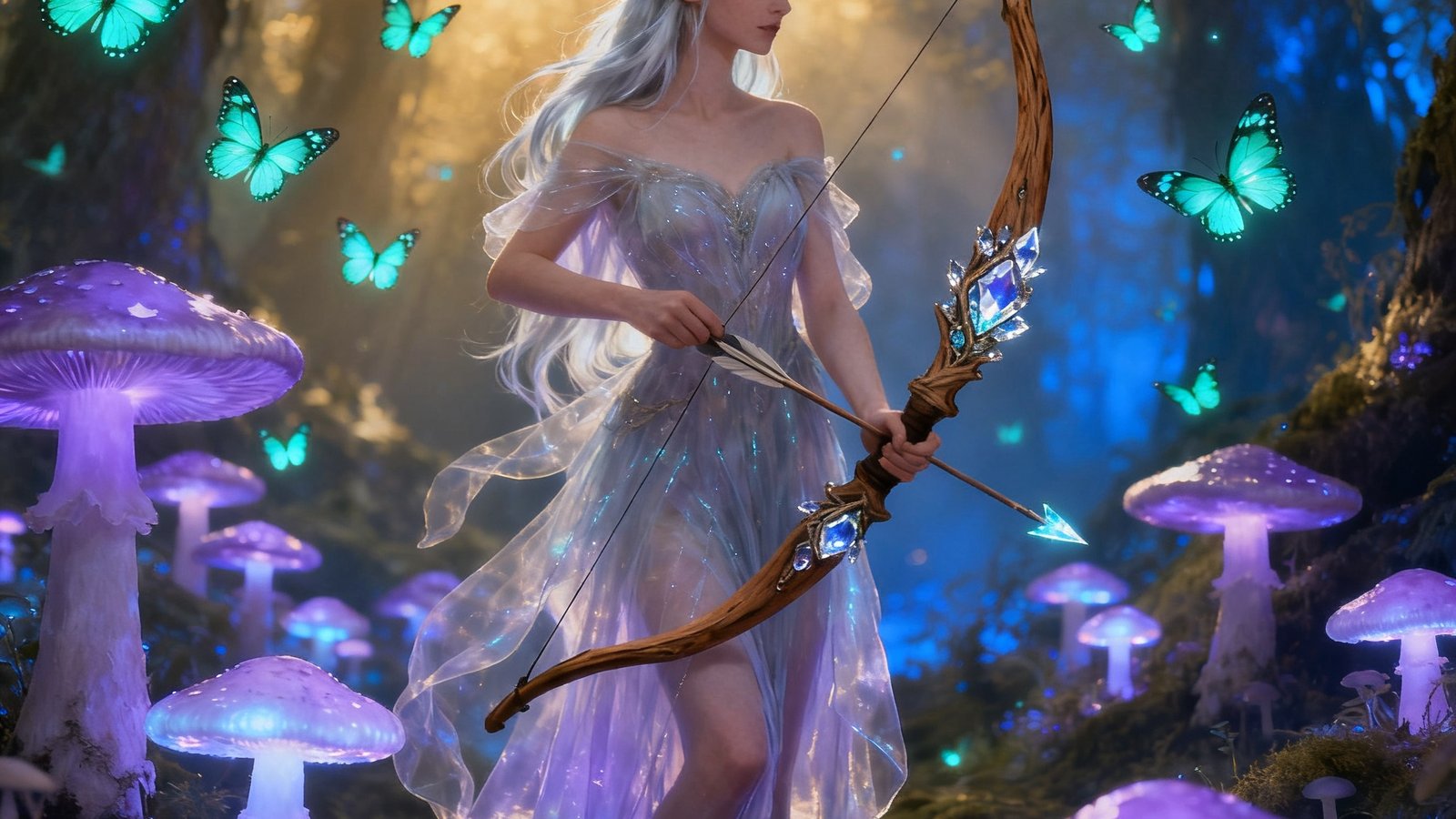 《幻境奇缘》中一位精灵弓箭手站在魔法森林的发光蘑菇群中，周围飞舞着荧光蝴蝶，场景充满童话般的梦幻色彩与神秘氛围。