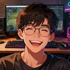 一位戴眼镜的年轻男性玩家头像，笑容灿烂，背景为游戏电脑桌面，展现资深游戏爱好者的形象。
