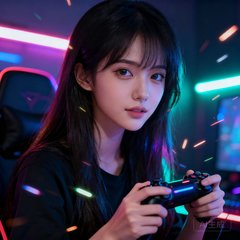 一位长发女性玩家头像，手持游戏手柄，背景带有RGB灯效，展现电竞爱好者形象。