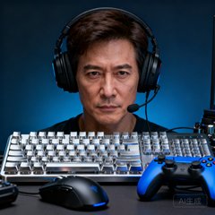 一位成熟男性玩家头像，戴着耳机，表情专注，面前摆放着高端游戏外设，展现专业游戏评测者形象。